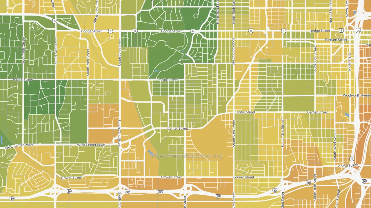 Map of the best neighborhoods in the Aksarben-Elmwood Park, Omaha area, with better matches in green and worse matches in red