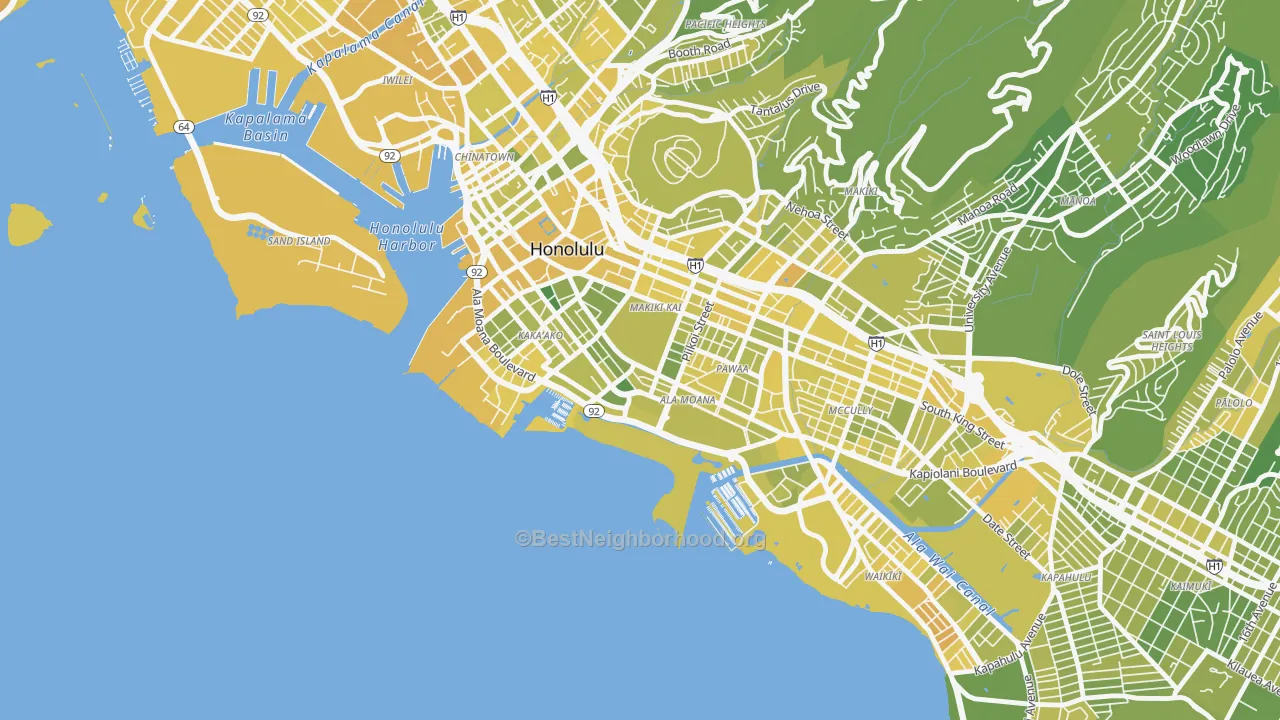 Map of the best neighborhoods in the Ala Moana-Kakaako, Honolulu area, with better matches in green and worse matches in red
