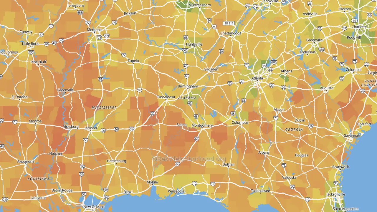 Map of the best neighborhoods in the Alabama area, with better matches in green and worse matches in red