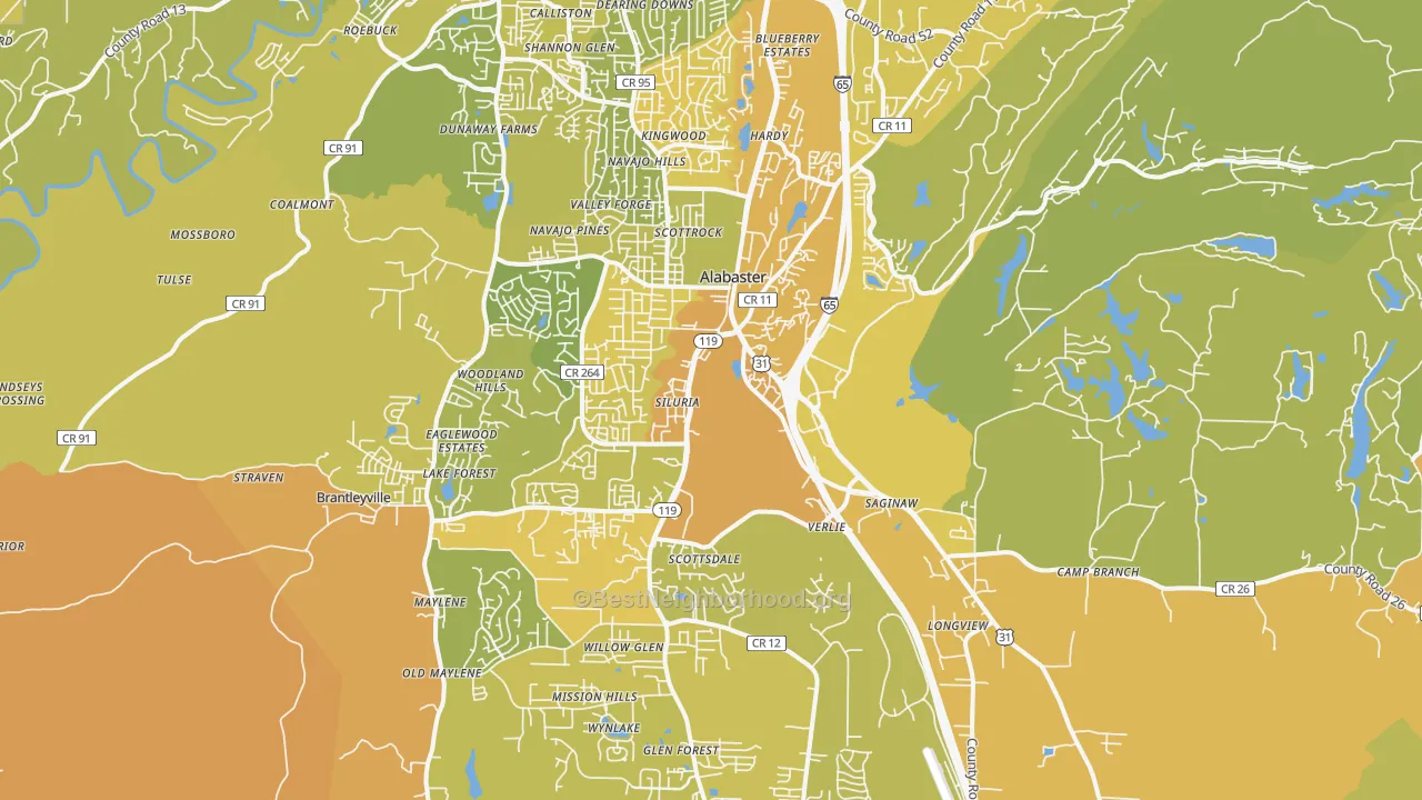 Map of the best neighborhoods in the Alabaster area, with better matches in green and worse matches in red