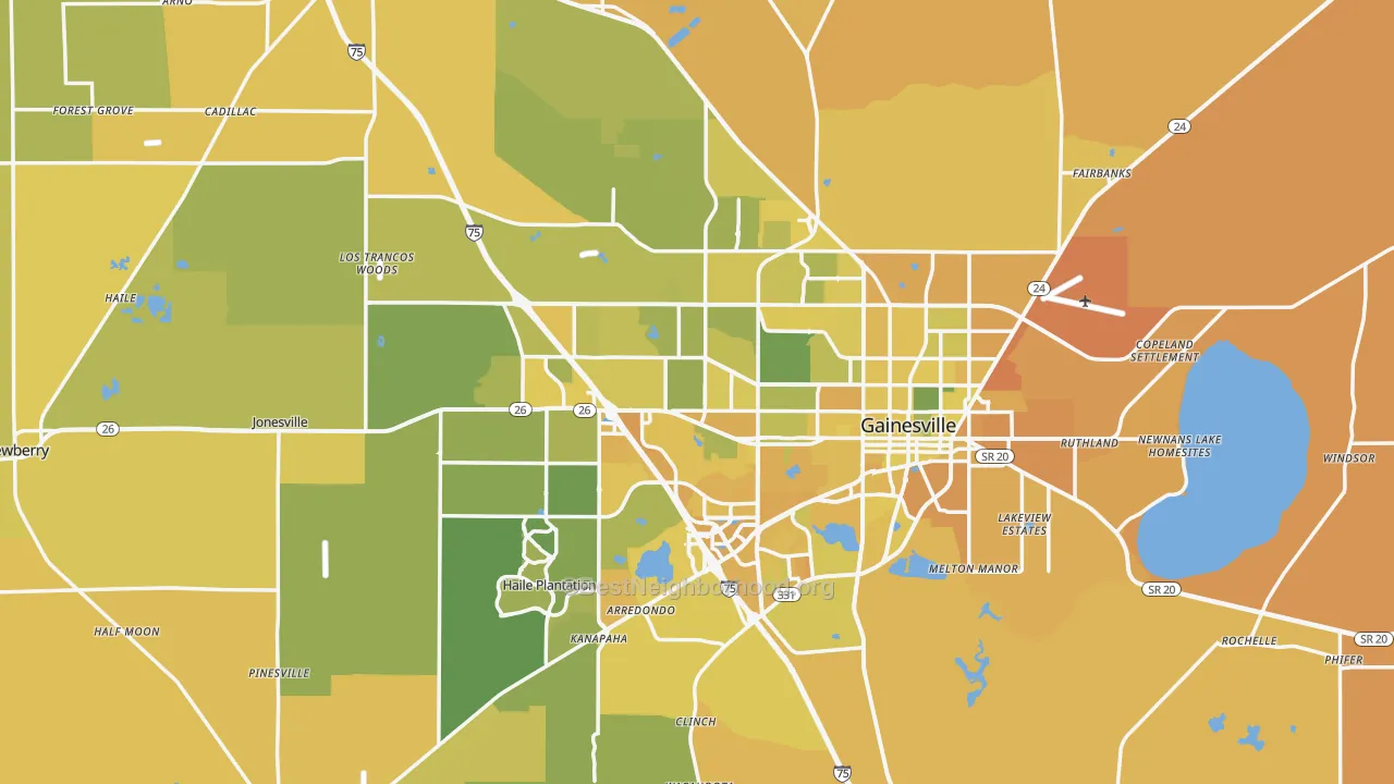 Map of the best neighborhoods in the Alachua County area, with better matches in green and worse matches in red