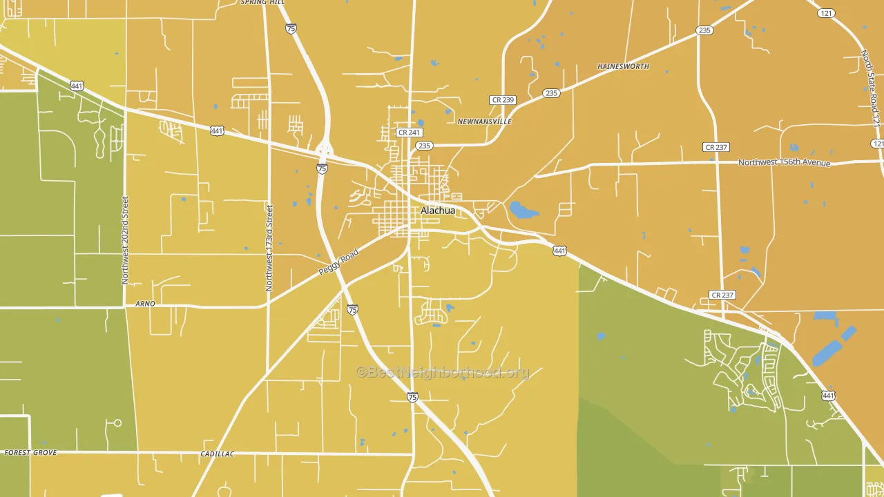Map of the best neighborhoods in the Alachua area, with better matches in green and worse matches in red