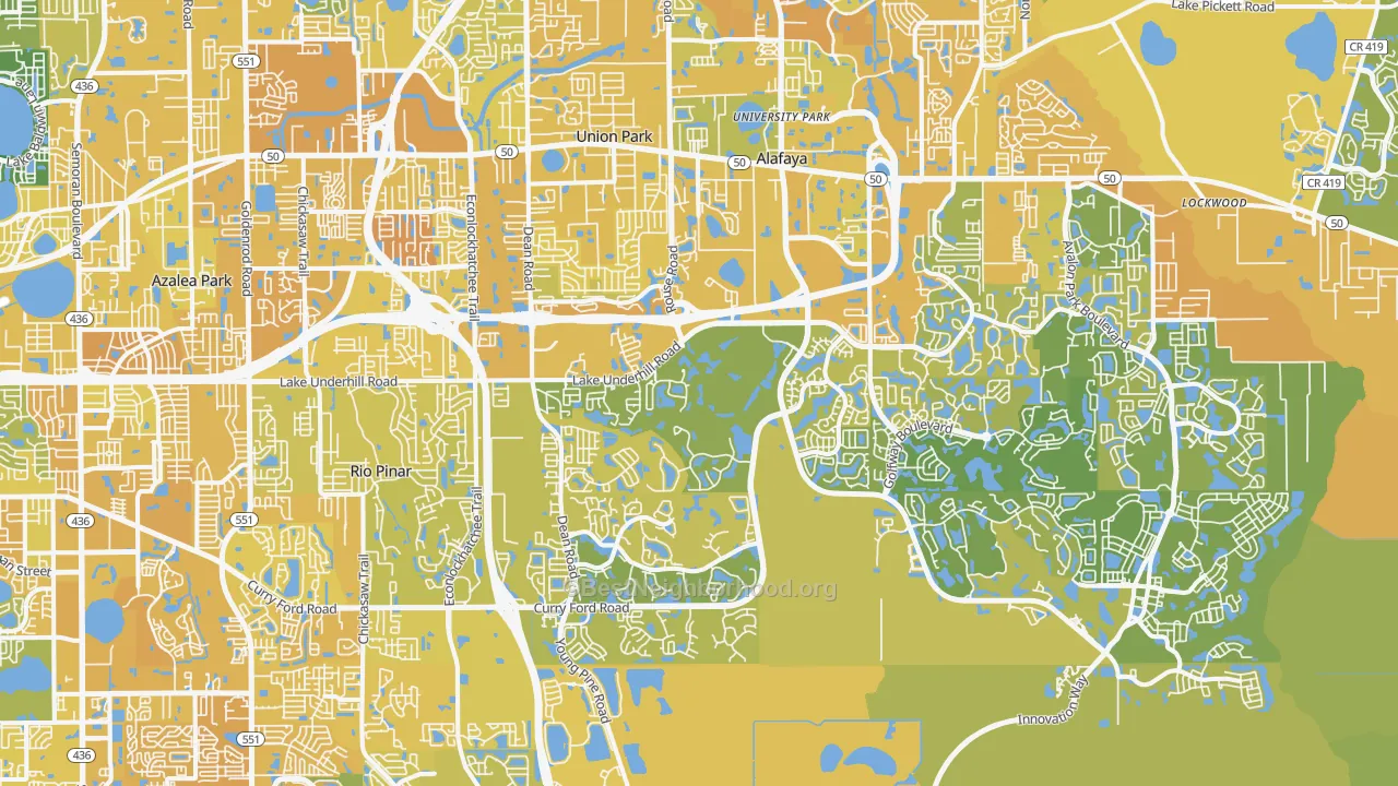 Map of the best neighborhoods in the Alafaya area, with better matches in green and worse matches in red