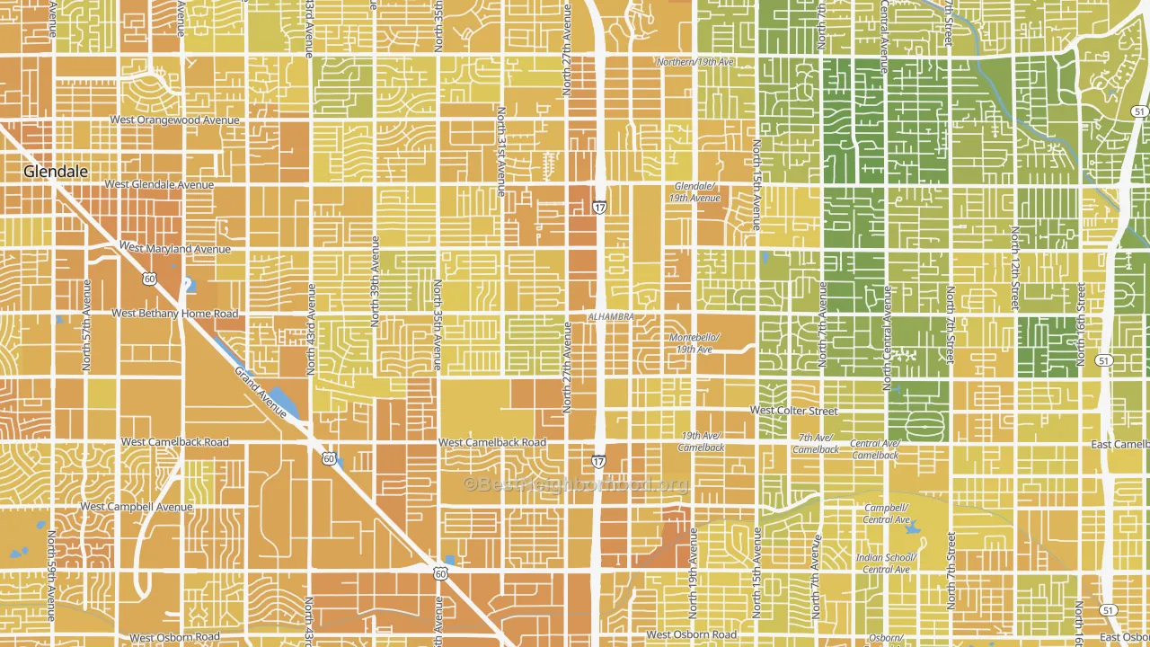 Map of the best neighborhoods in the Alahambra, Phoenix area, with better matches in green and worse matches in red