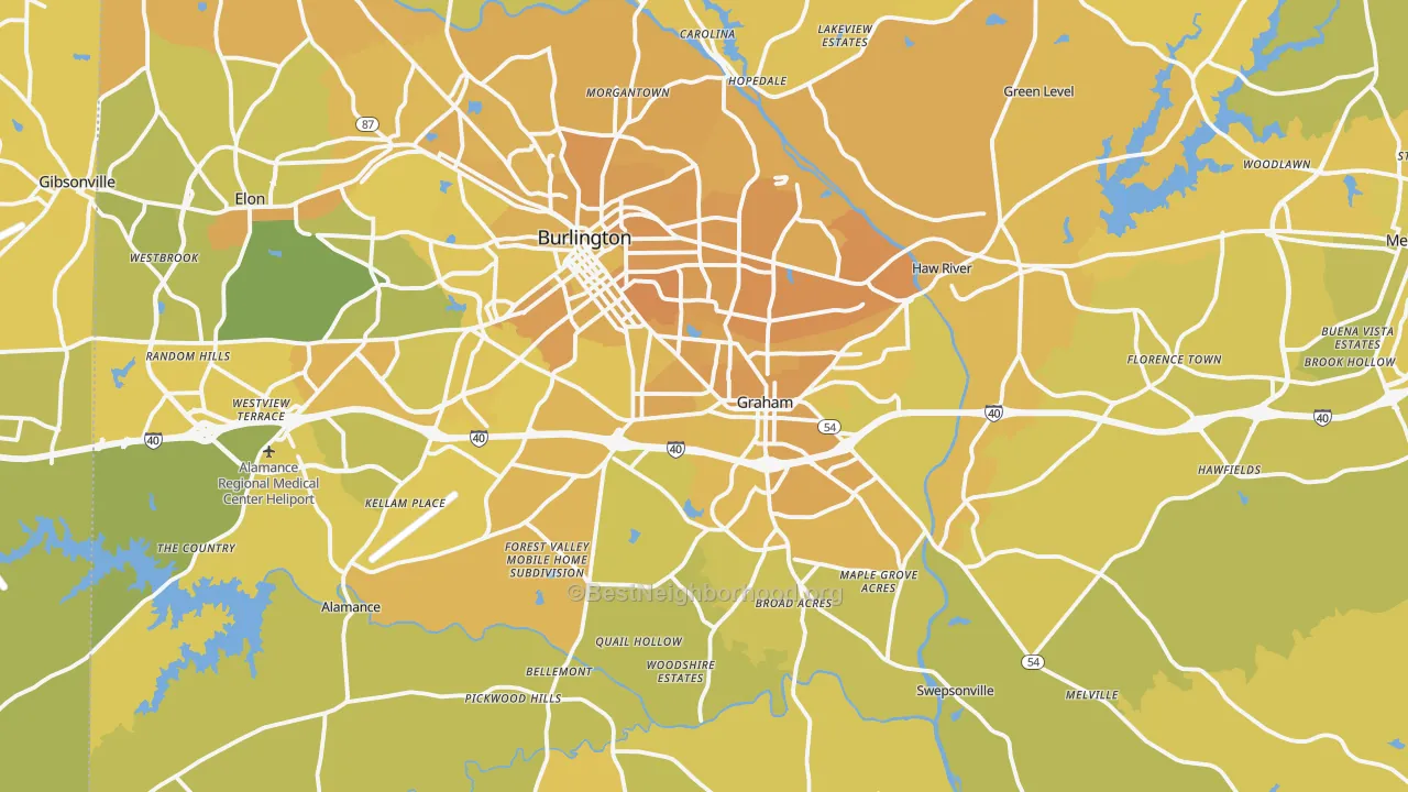 Map of the best neighborhoods in the Alamance County area, with better matches in green and worse matches in red