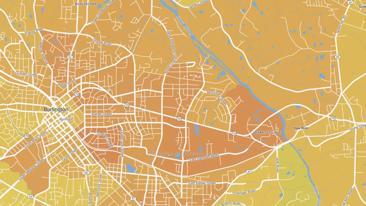 Map of the best neighborhoods in the Alamance Hills, Burlington area, with better matches in green and worse matches in red