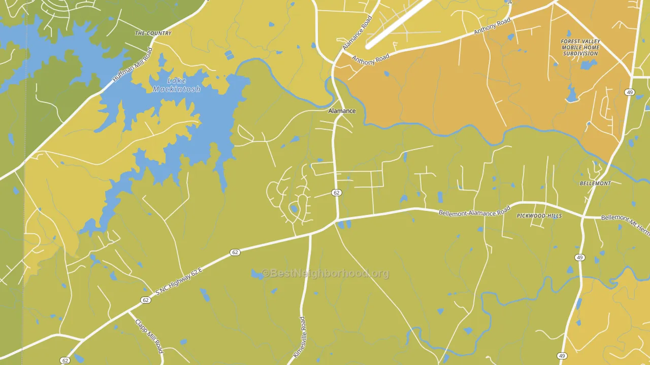 Map of the best neighborhoods in the Alamance area, with better matches in green and worse matches in red