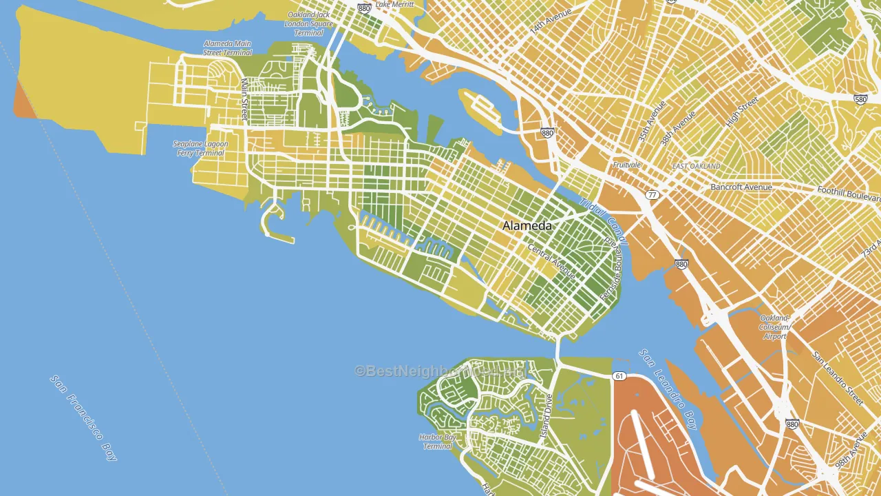 Map of the best neighborhoods in the Alameda area, with better matches in green and worse matches in red