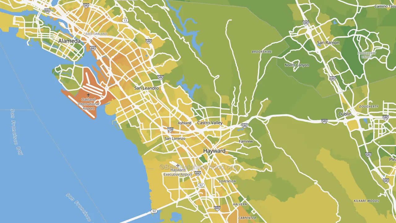 Map of the best neighborhoods in the Alameda County area, with better matches in green and worse matches in red