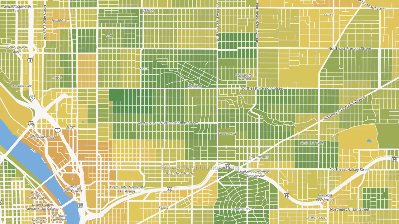 Map of the best neighborhoods in the Alameda, Portland area, with better matches in green and worse matches in red