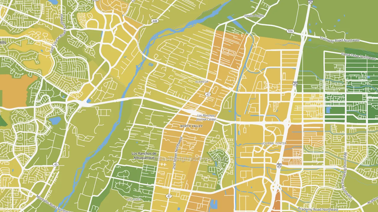 Map of the best neighborhoods in the Alamedan Valley, North Valley area, with better matches in green and worse matches in red