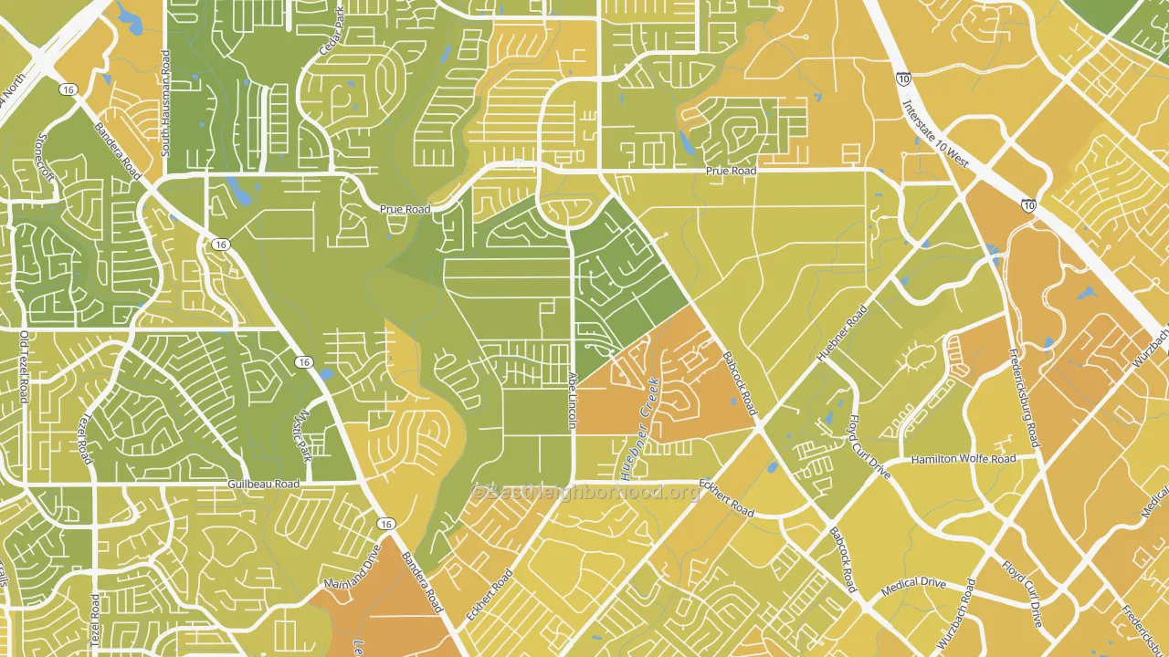 Map of the best neighborhoods in the Alamo Farmsteads-Babcock Road, San Antonio area, with better matches in green and worse matches in red
