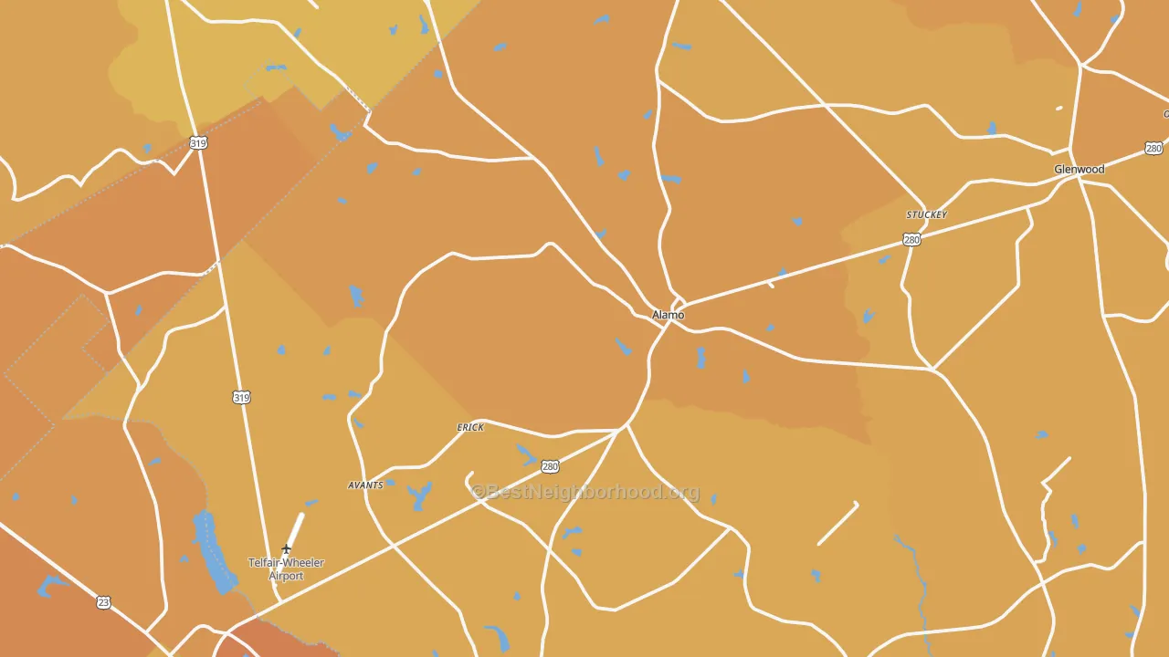 Map of the best neighborhoods in the Alamo area, with better matches in green and worse matches in red