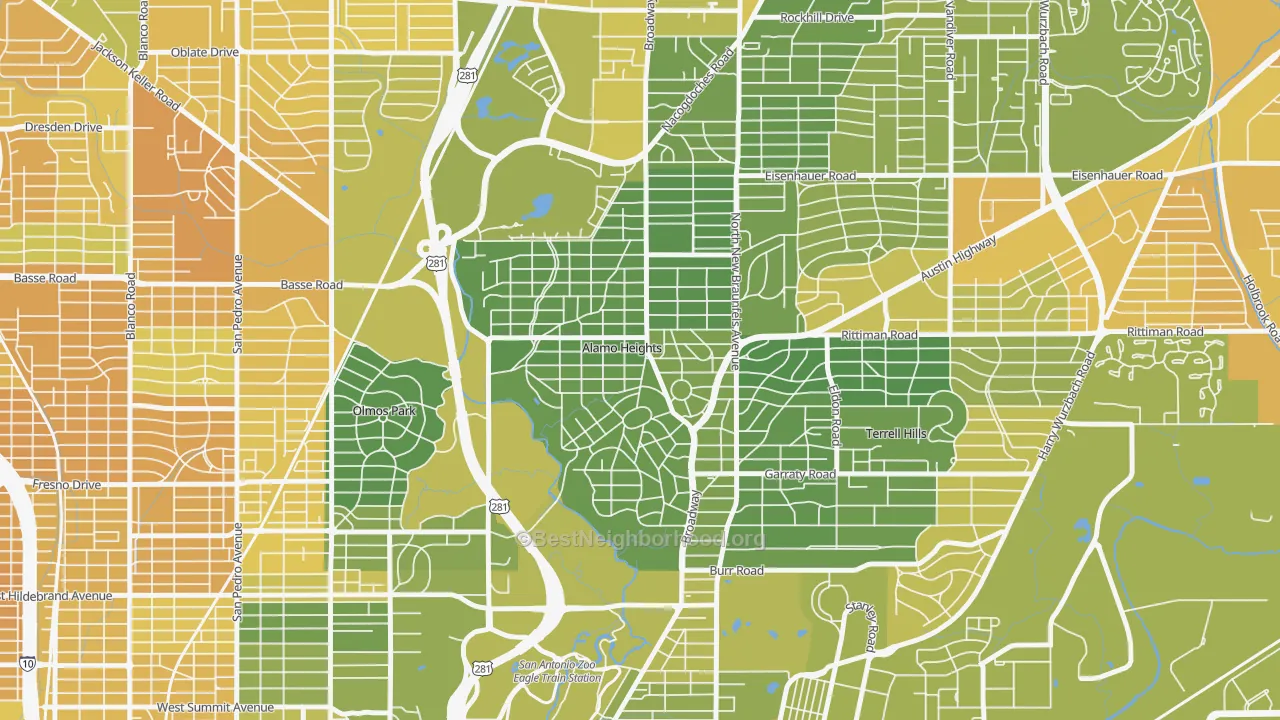 Map of the best neighborhoods in the Alamo Heights area, with better matches in green and worse matches in red