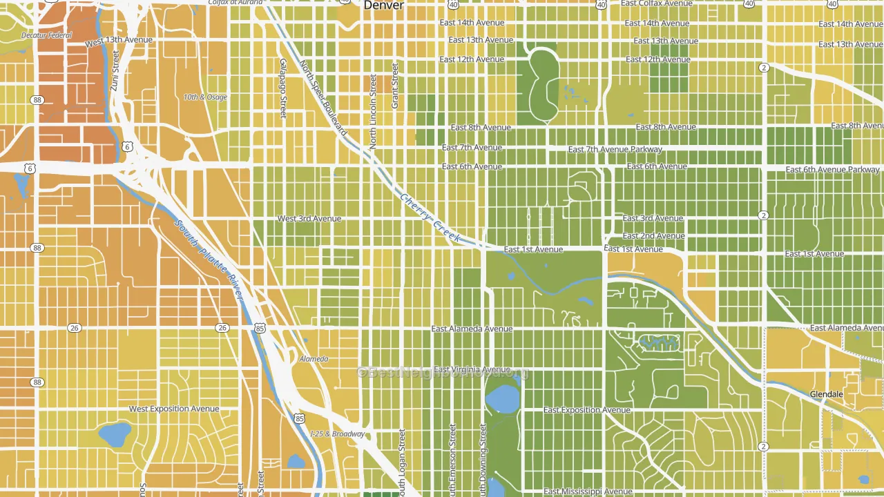 Map of the best neighborhoods in the Alamo Placita, Denver area, with better matches in green and worse matches in red
