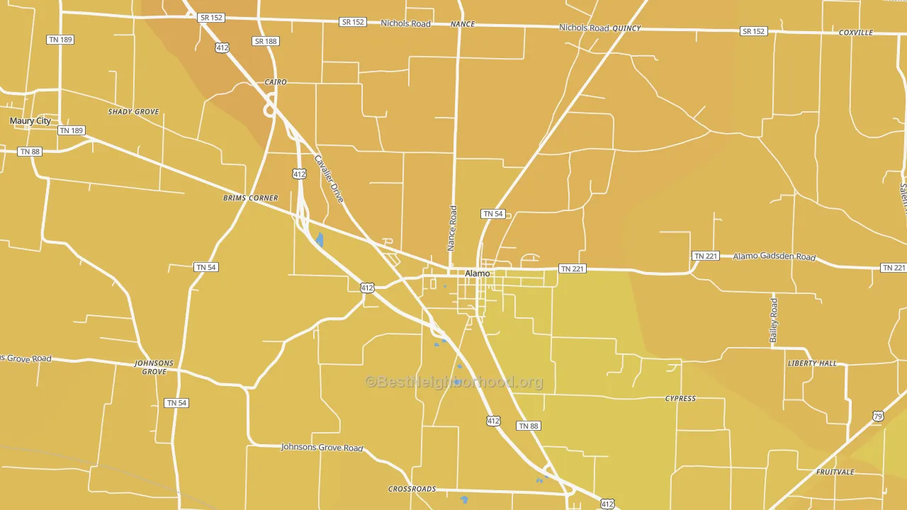 Map of the best neighborhoods in the Alamo area, with better matches in green and worse matches in red
