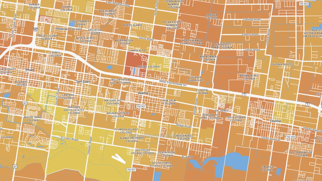 Map of the best neighborhoods in the Alamo area, with better matches in green and worse matches in red