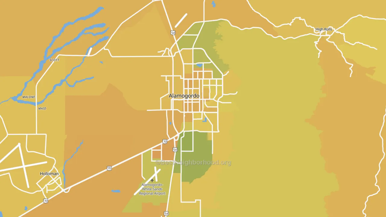 Map of the best neighborhoods in the Alamogordo area, with better matches in green and worse matches in red