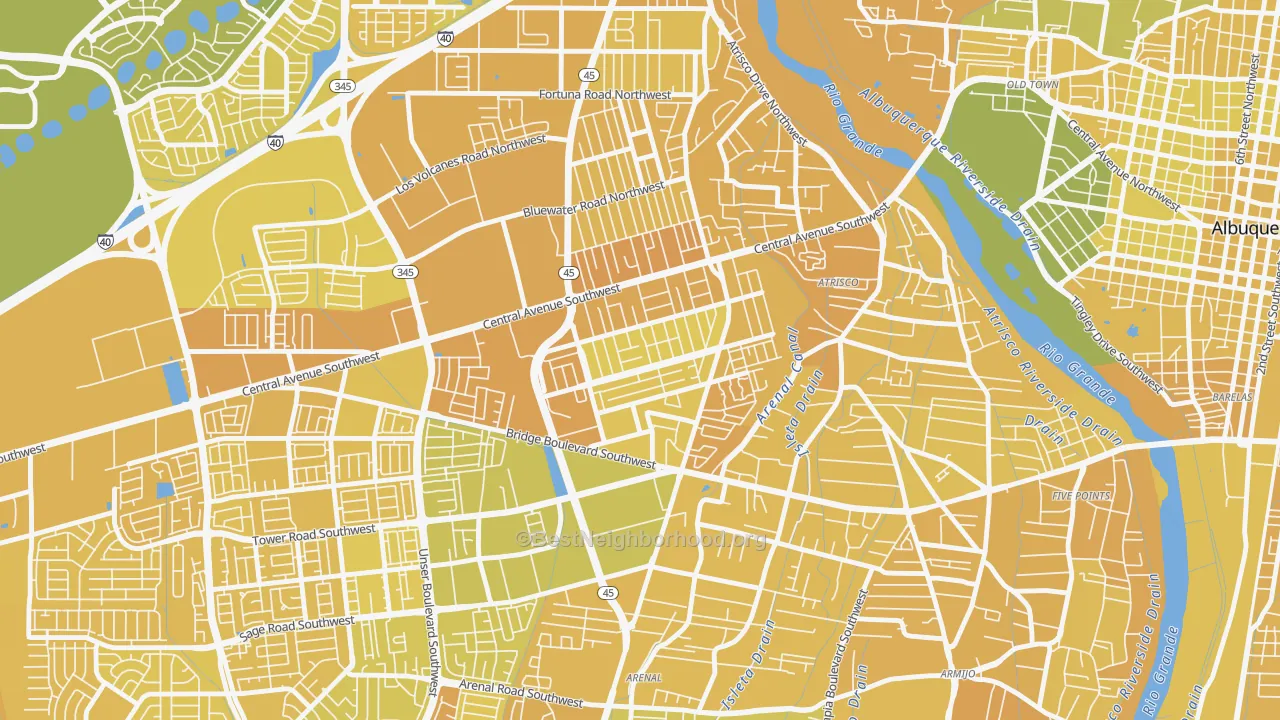 Map of the best neighborhoods in the Alamosa, Albuquerque area, with better matches in green and worse matches in red