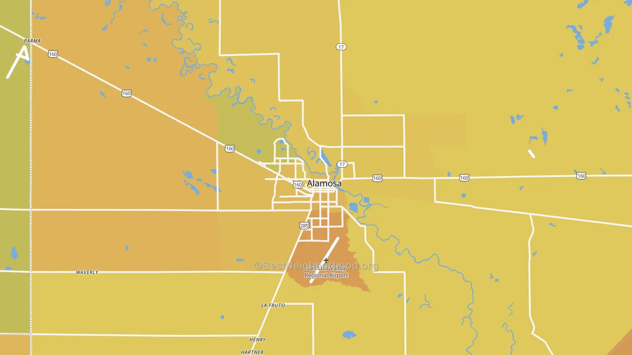 Map of the best neighborhoods in the Alamosa area, with better matches in green and worse matches in red