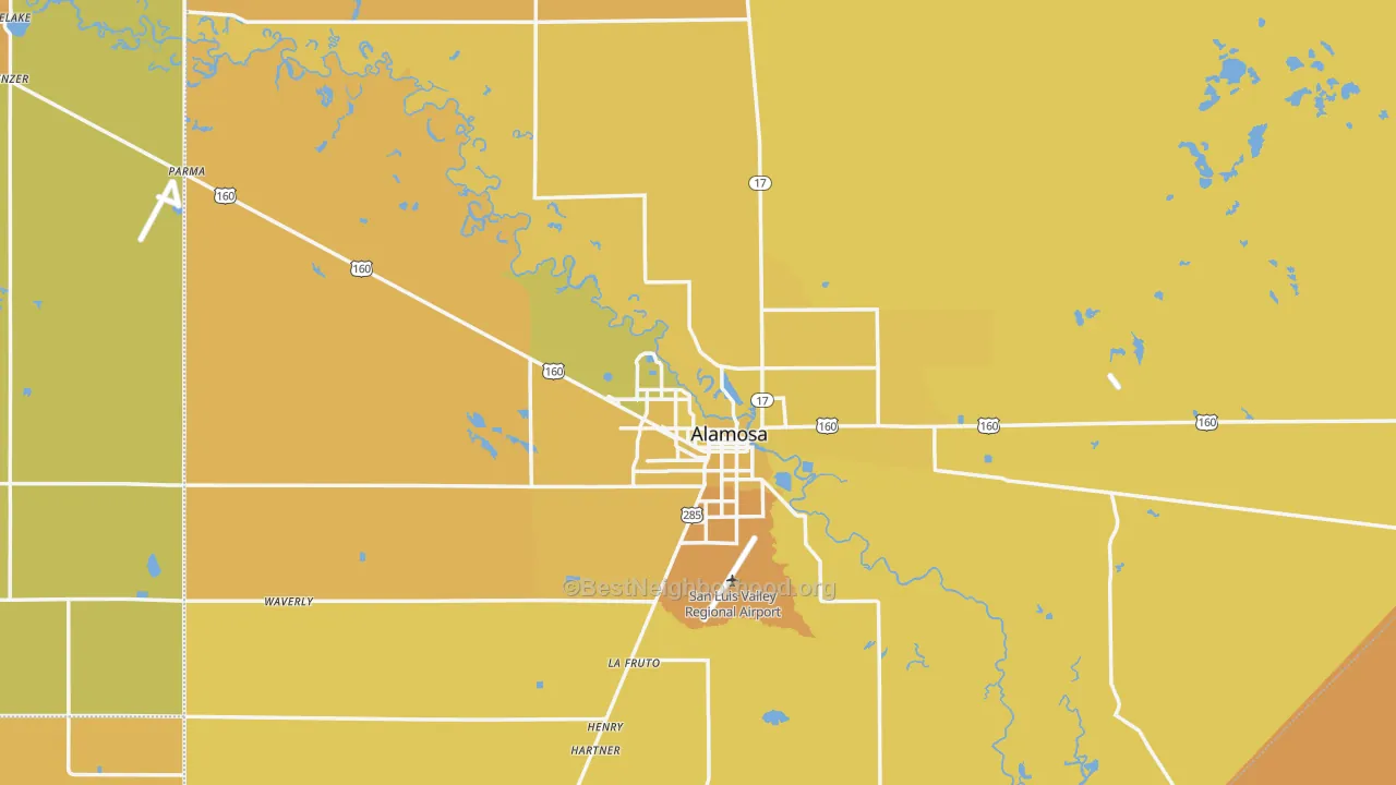 Map of the best neighborhoods in the Alamosa County area, with better matches in green and worse matches in red