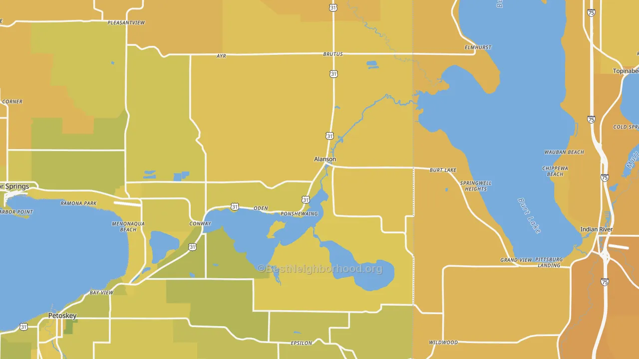 Map of the best neighborhoods in the Alanson area, with better matches in green and worse matches in red