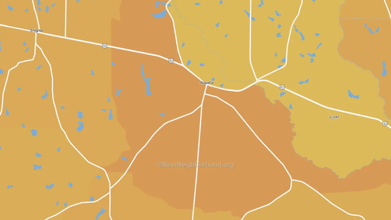 Map of the best neighborhoods in the Alapaha area, with better matches in green and worse matches in red