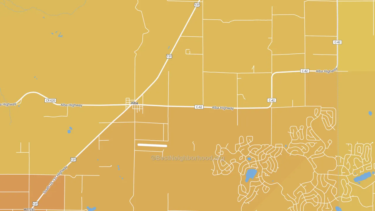 Map of the best neighborhoods in the Alba area, with better matches in green and worse matches in red