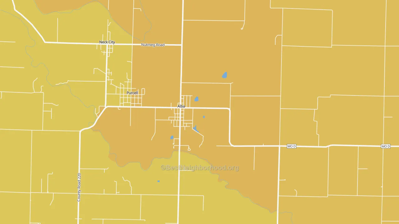 Map of the best neighborhoods in the Alba area, with better matches in green and worse matches in red