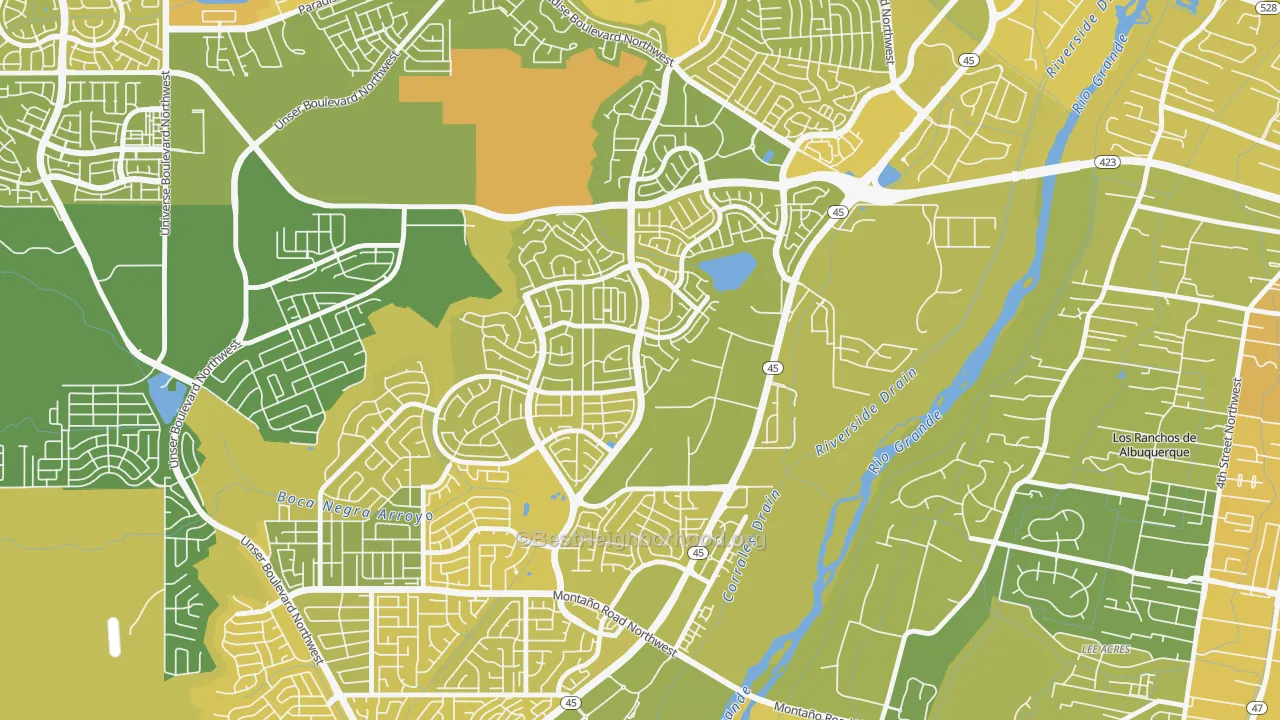 Map of the best neighborhoods in the Alban Hills, Albuquerque area, with better matches in green and worse matches in red