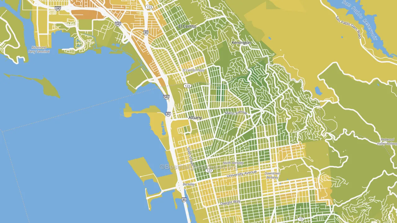 Map of the best neighborhoods in the Albany area, with better matches in green and worse matches in red