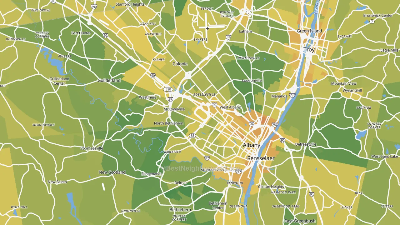 Map of the best neighborhoods in the Albany County area, with better matches in green and worse matches in red