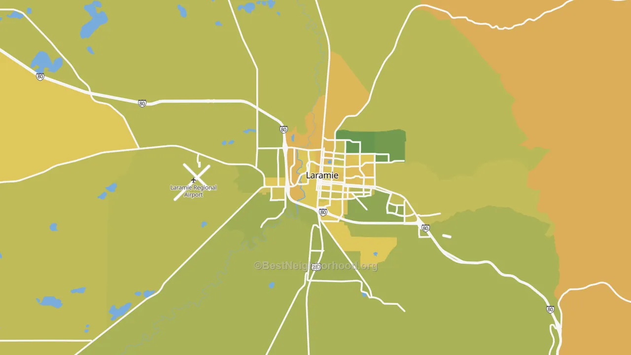 Map of the best neighborhoods in the Albany County area, with better matches in green and worse matches in red