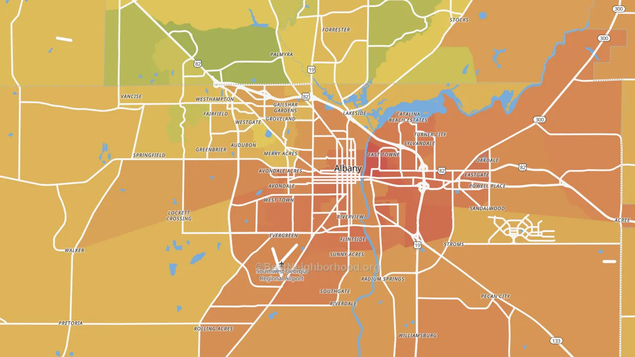 Map of the best neighborhoods in the Albany Metro area, with better matches in green and worse matches in red