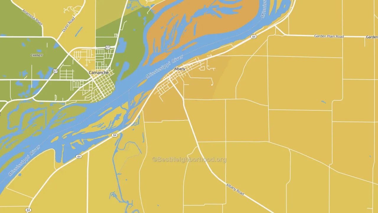 Map of the best neighborhoods in the Albany area, with better matches in green and worse matches in red