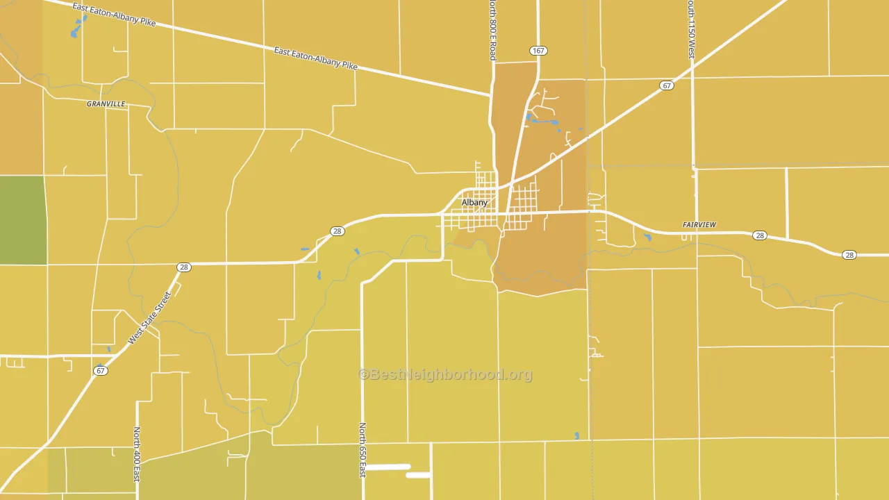 Map of the best neighborhoods in the Albany area, with better matches in green and worse matches in red