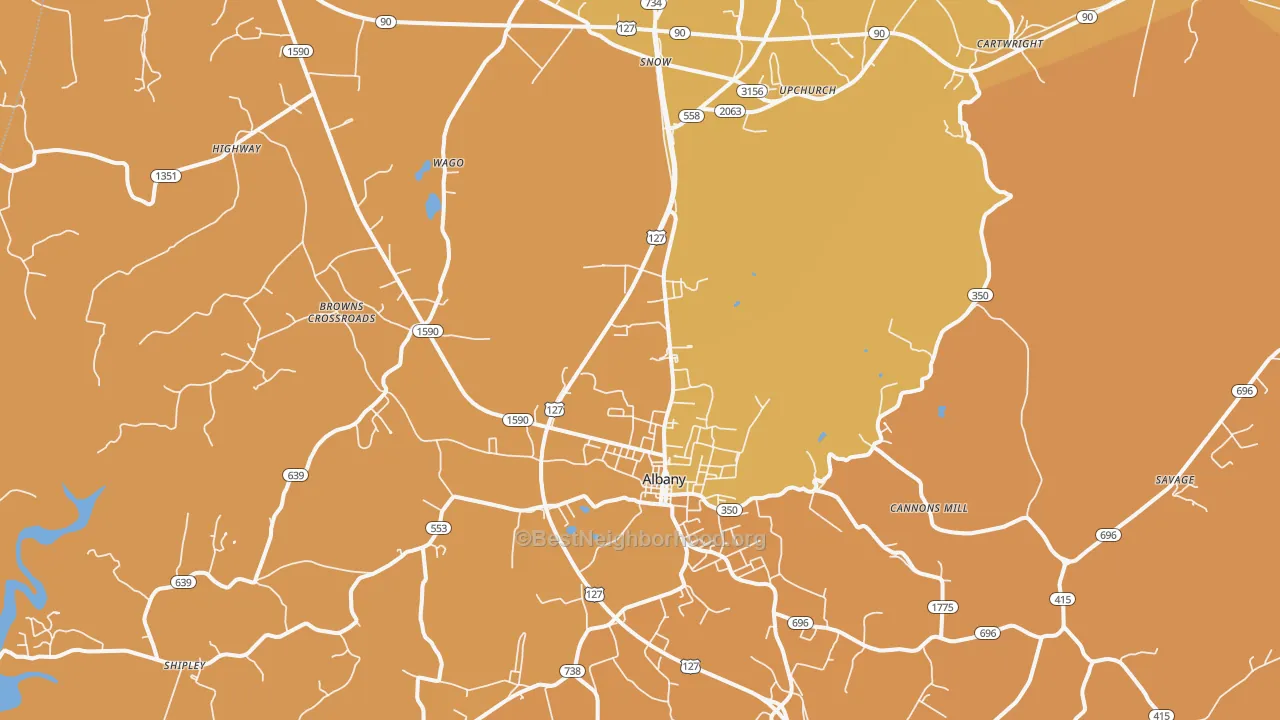 Map of the best neighborhoods in the Albany area, with better matches in green and worse matches in red