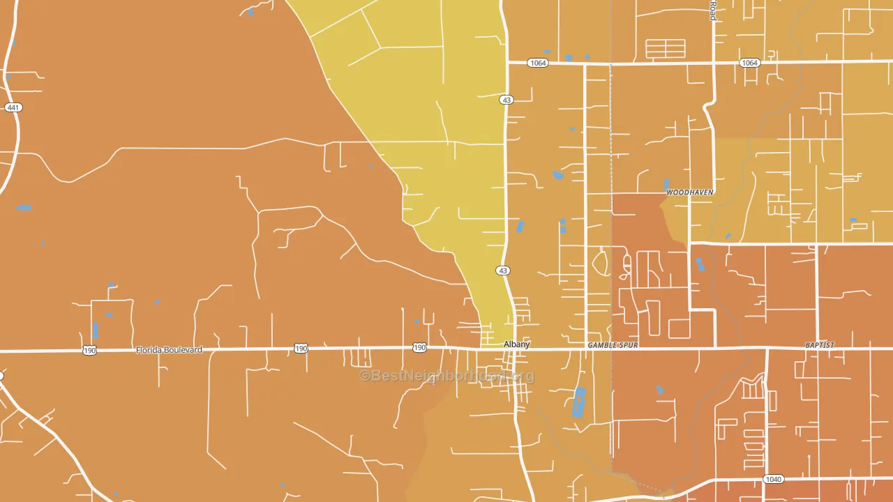 Map of the best neighborhoods in the Albany area, with better matches in green and worse matches in red