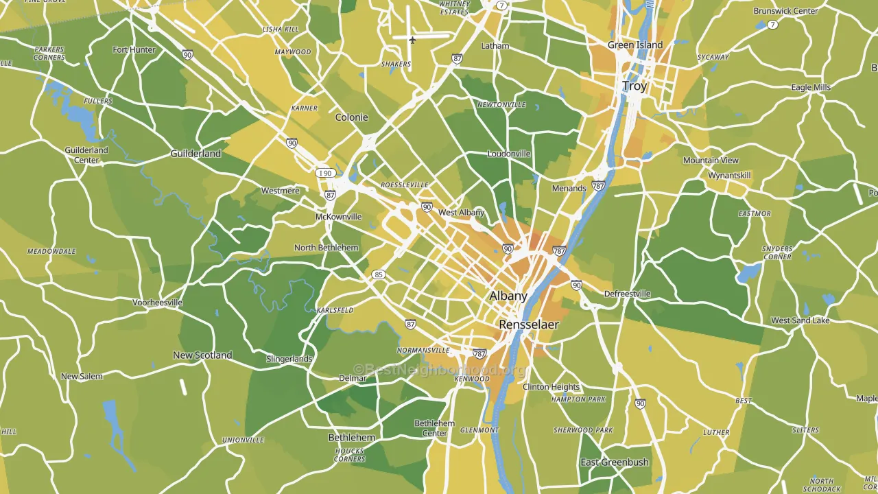 Map of the best neighborhoods in the Albany Metro area, with better matches in green and worse matches in red