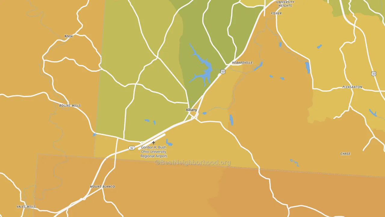 Map of the best neighborhoods in the Albany area, with better matches in green and worse matches in red