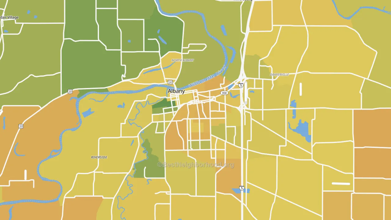 Map of the best neighborhoods in the Albany Metro area, with better matches in green and worse matches in red