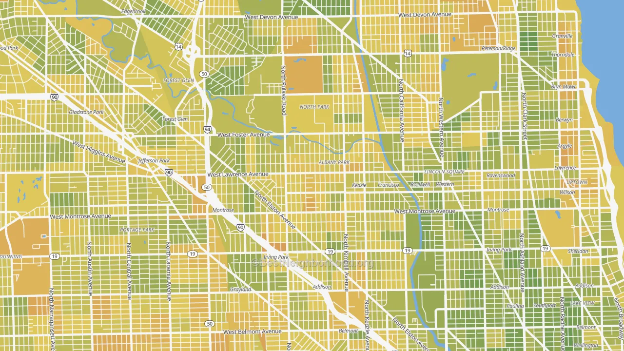Map of the best neighborhoods in the Albany Park, Chicago area, with better matches in green and worse matches in red