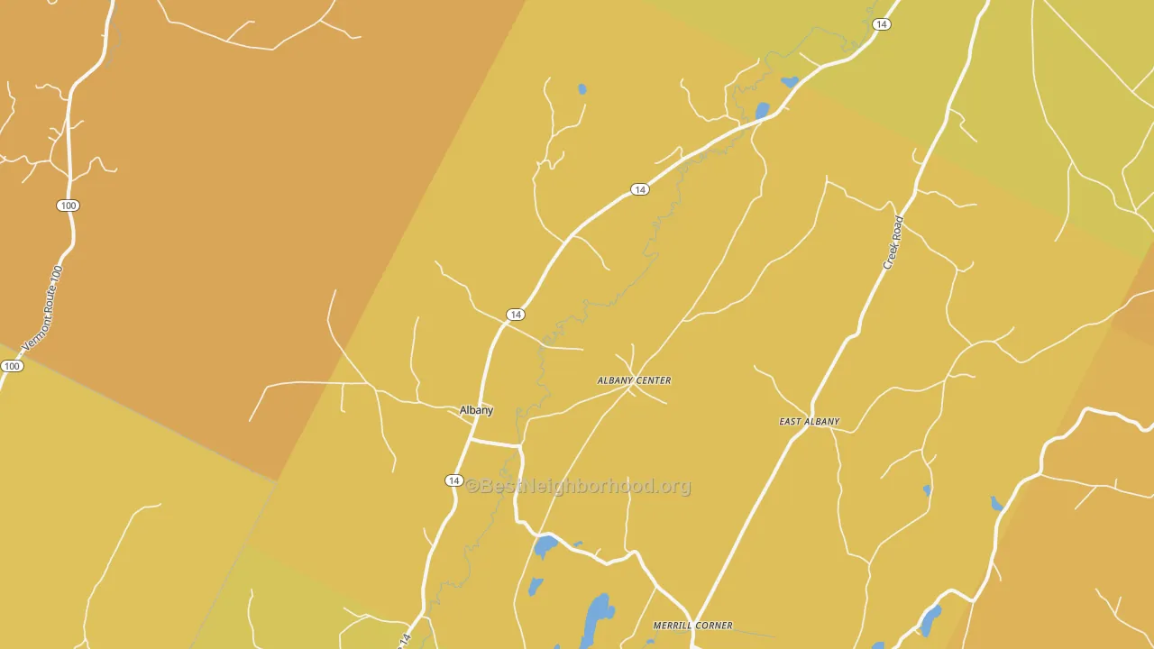 Map of the best neighborhoods in the Albany area, with better matches in green and worse matches in red