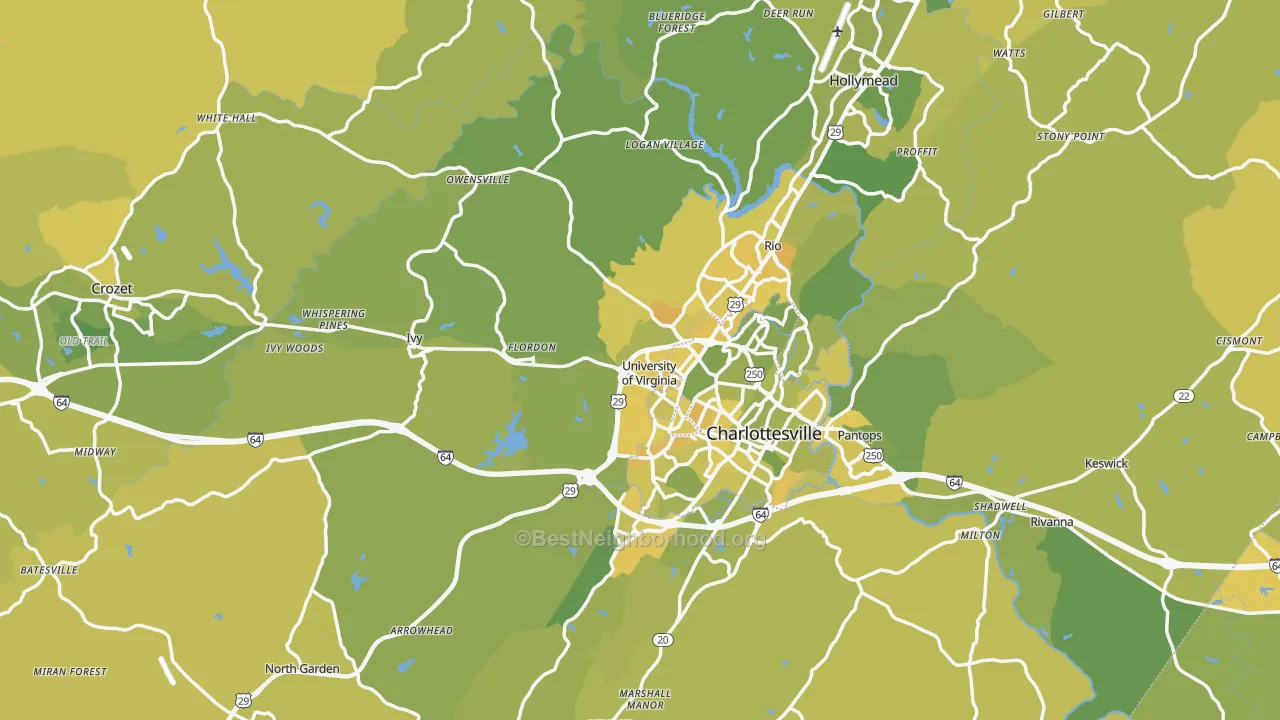 Map of the best neighborhoods in the Albemarle County area, with better matches in green and worse matches in red