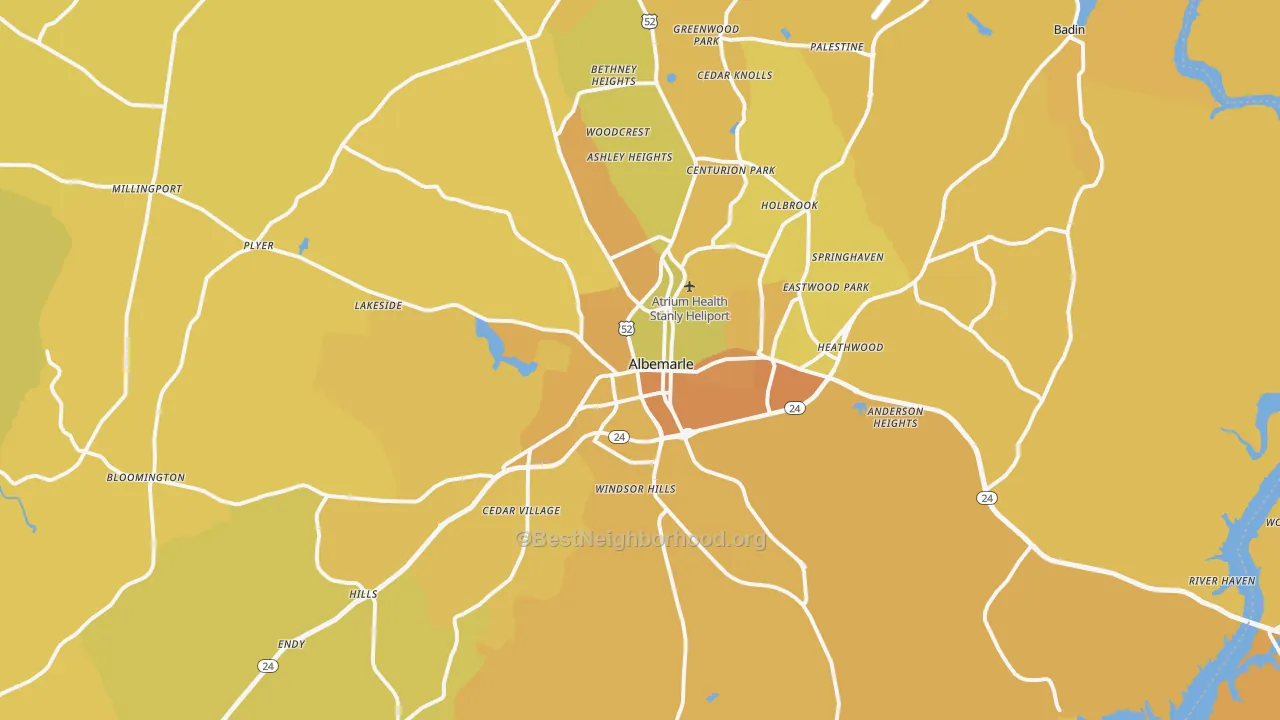 Map of the best neighborhoods in the Albemarle area, with better matches in green and worse matches in red