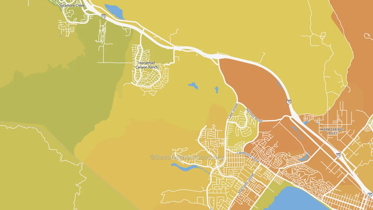 Map of the best neighborhoods in the Alberhill area, with better matches in green and worse matches in red