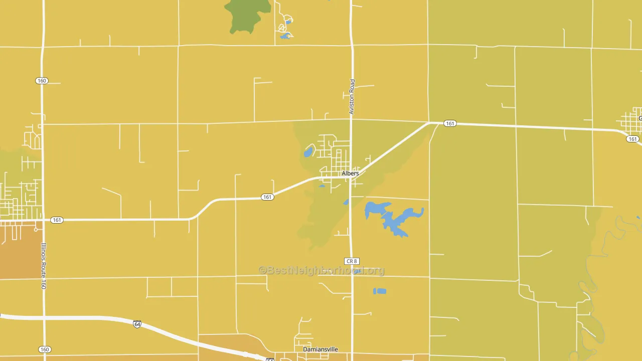 Map of the best neighborhoods in the Albers area, with better matches in green and worse matches in red