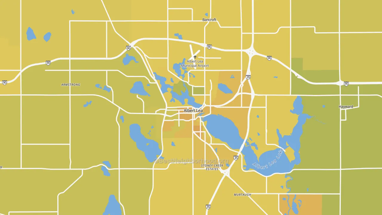 Map of the best neighborhoods in the Albert Lea area, with better matches in green and worse matches in red