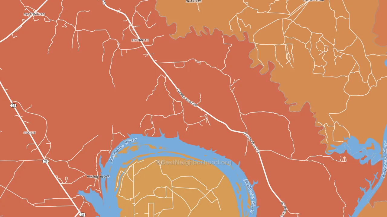 Map of the best neighborhoods in the Alberta area, with better matches in green and worse matches in red