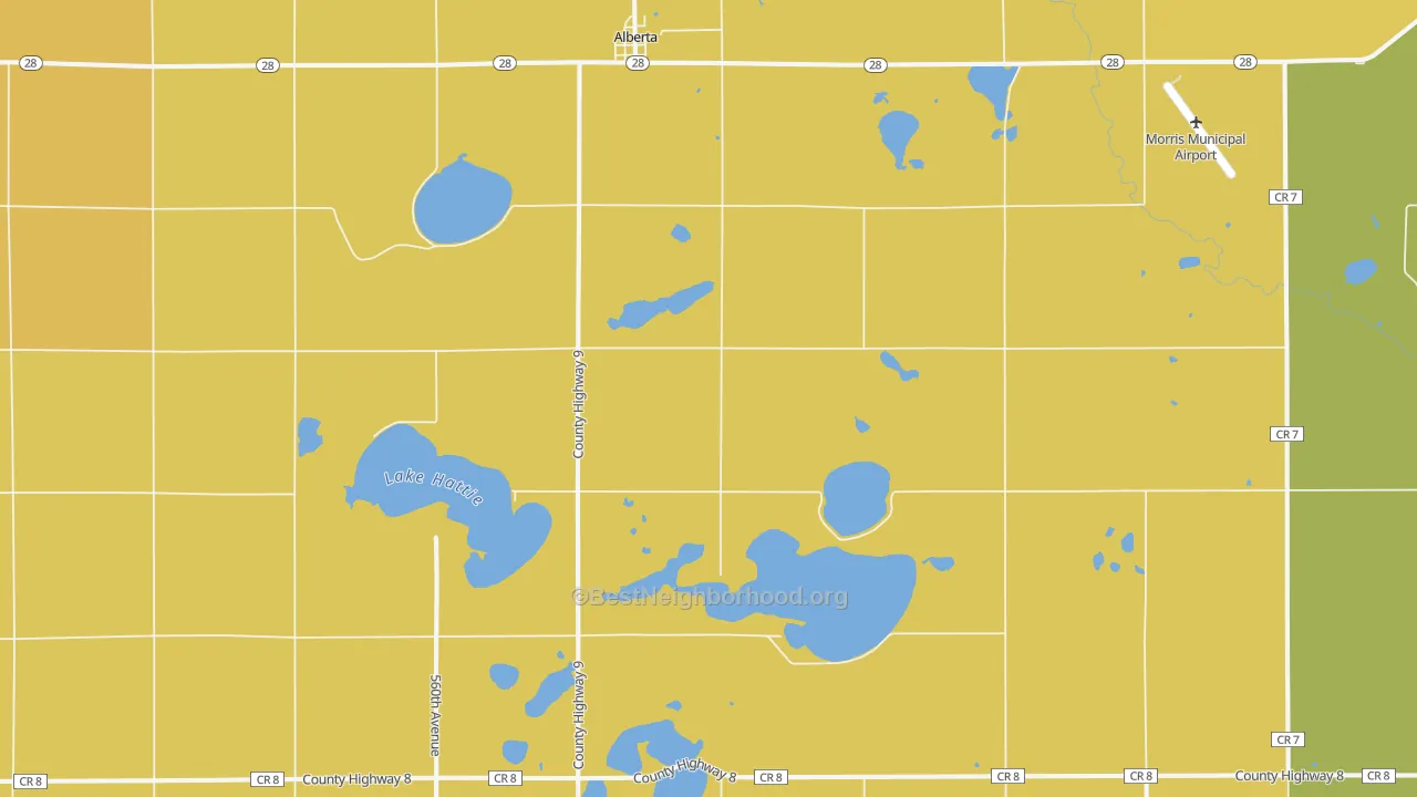 Map of the best neighborhoods in the Alberta area, with better matches in green and worse matches in red